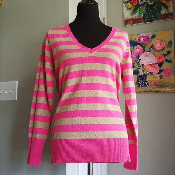 New York & Co. Striped V-neck Sweater Size Large - Picture 2 of 10